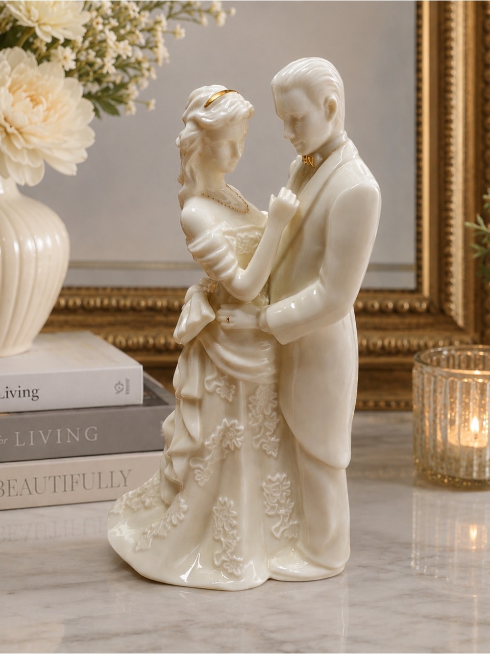 Vintage La Vie Wedding Porcelain Dancing Couple Figurine White & Gold 8.5"